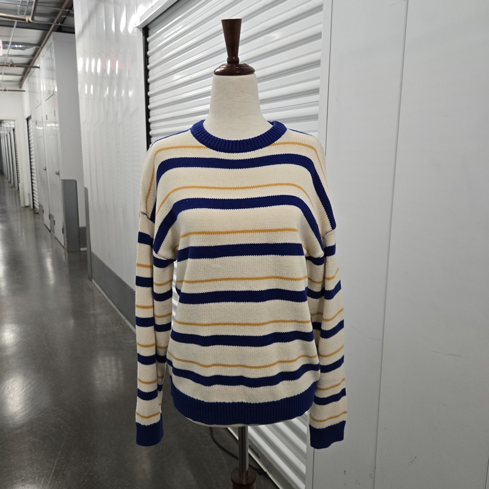 Lost + Wander Striped Crewneck Sweater Blue Yellow Cream S/M